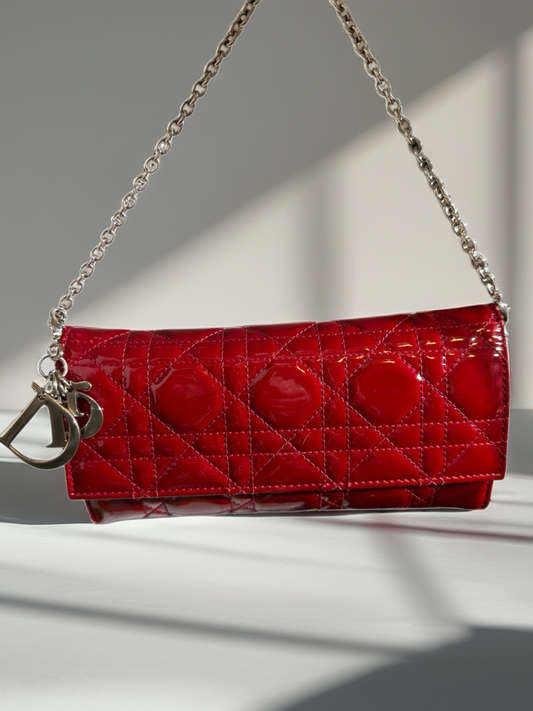 ✨ Christian Dior Red Patent Cannage Wallet on Chain - Luxurious Statement Piece