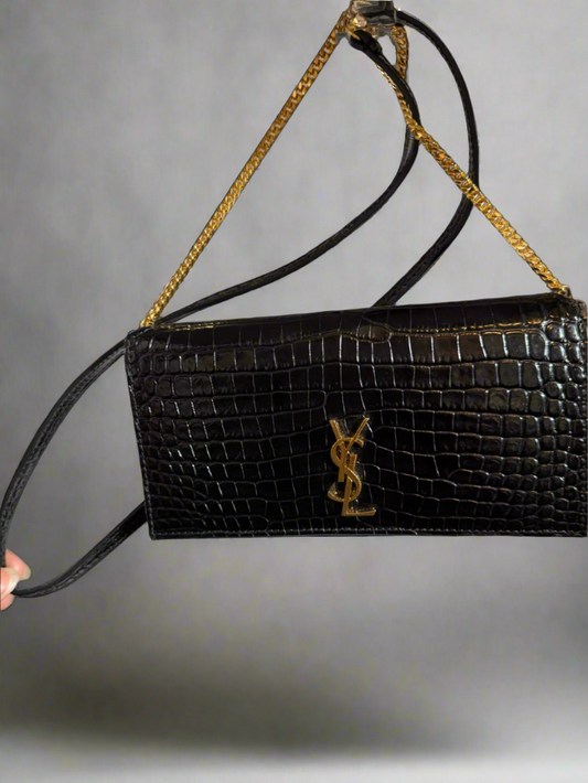 ✨ Saint Laurent Black Crocodile-Embossed Leather Chain Bag - Sophisticated Elegance