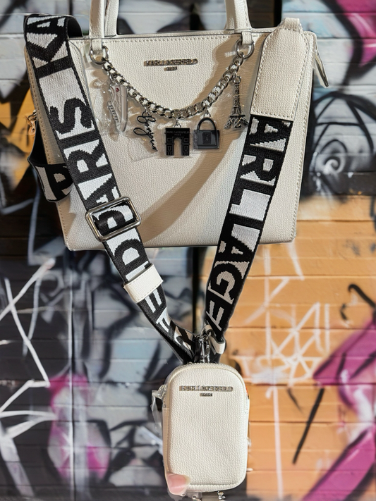 ✨ Karl Lagerfeld Paris White Leather Chain Bag with Iconic Charm