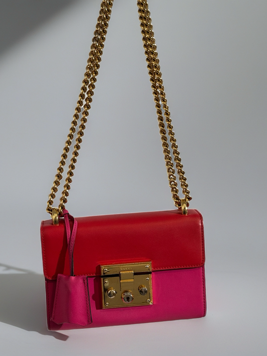 💕 Gucci Padlock Shoulder Bag – Red & Pink Leather with Gold Chain