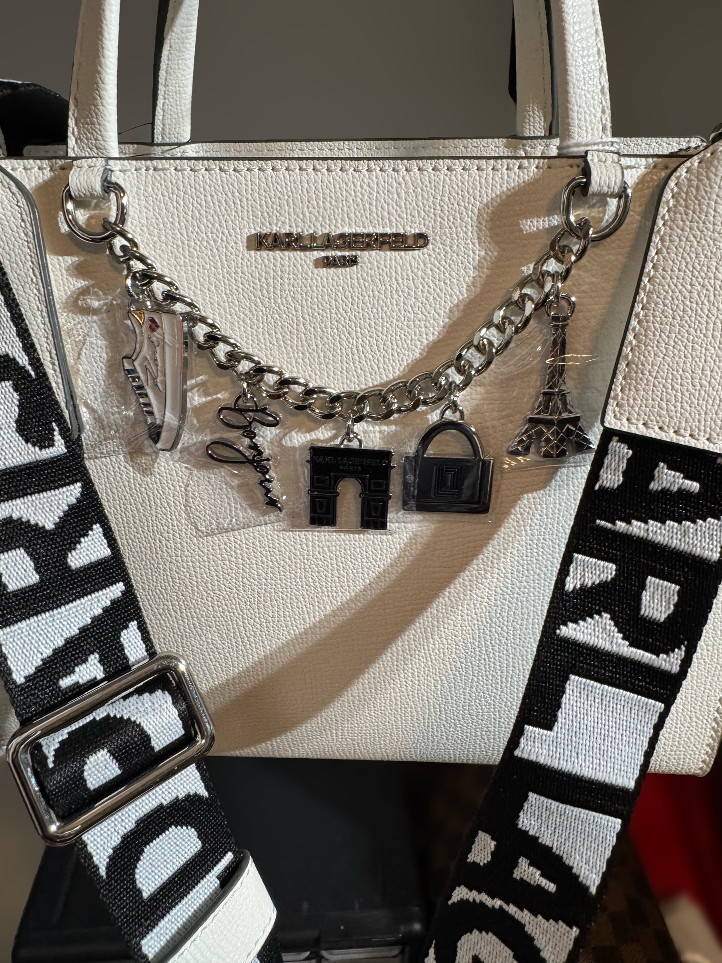 ✨ Karl Lagerfeld Paris White Leather Chain Bag with Iconic Charm