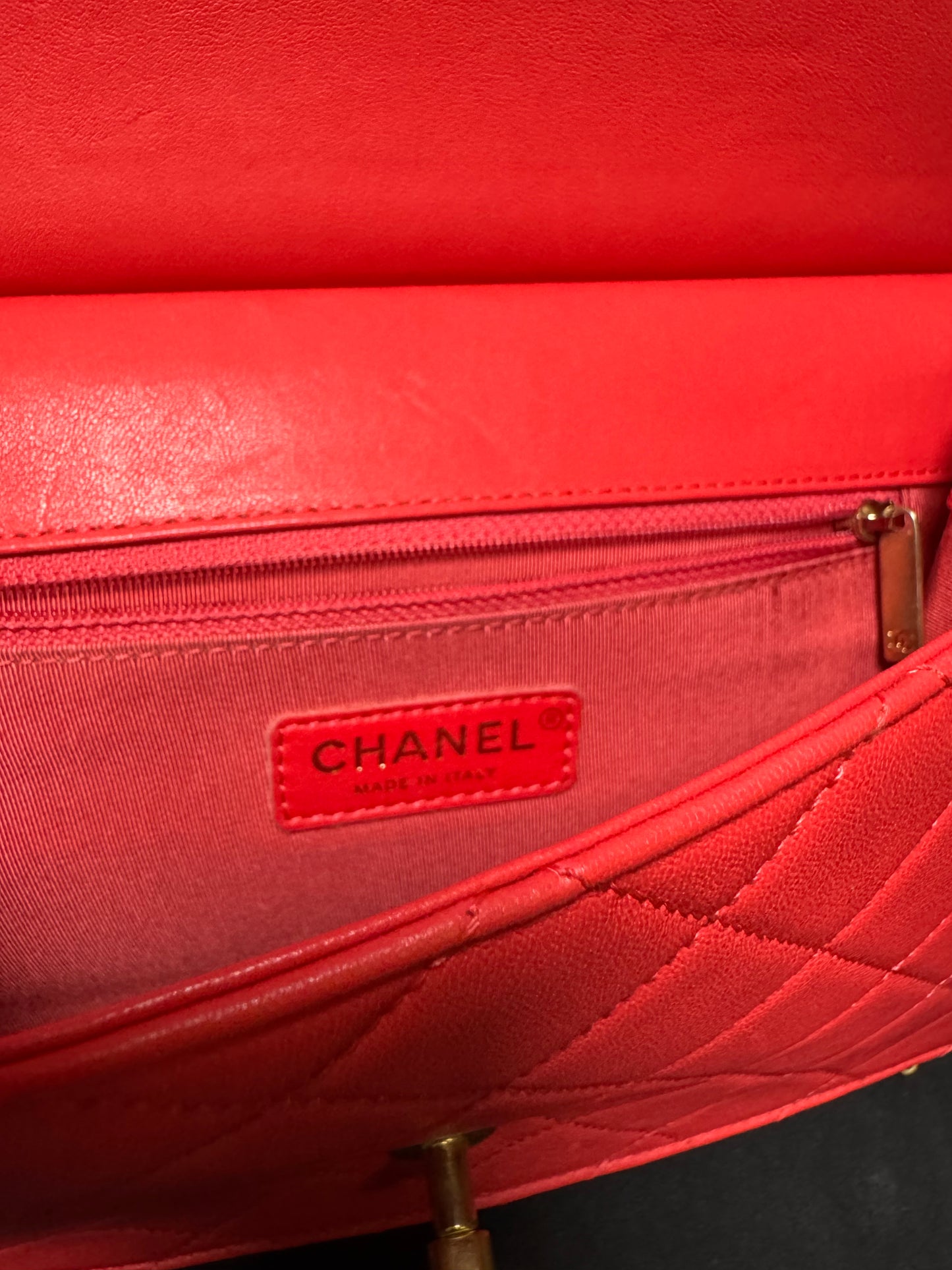 Chanel - Lambskin Quilted- Pearl Chain Flap Bag Red