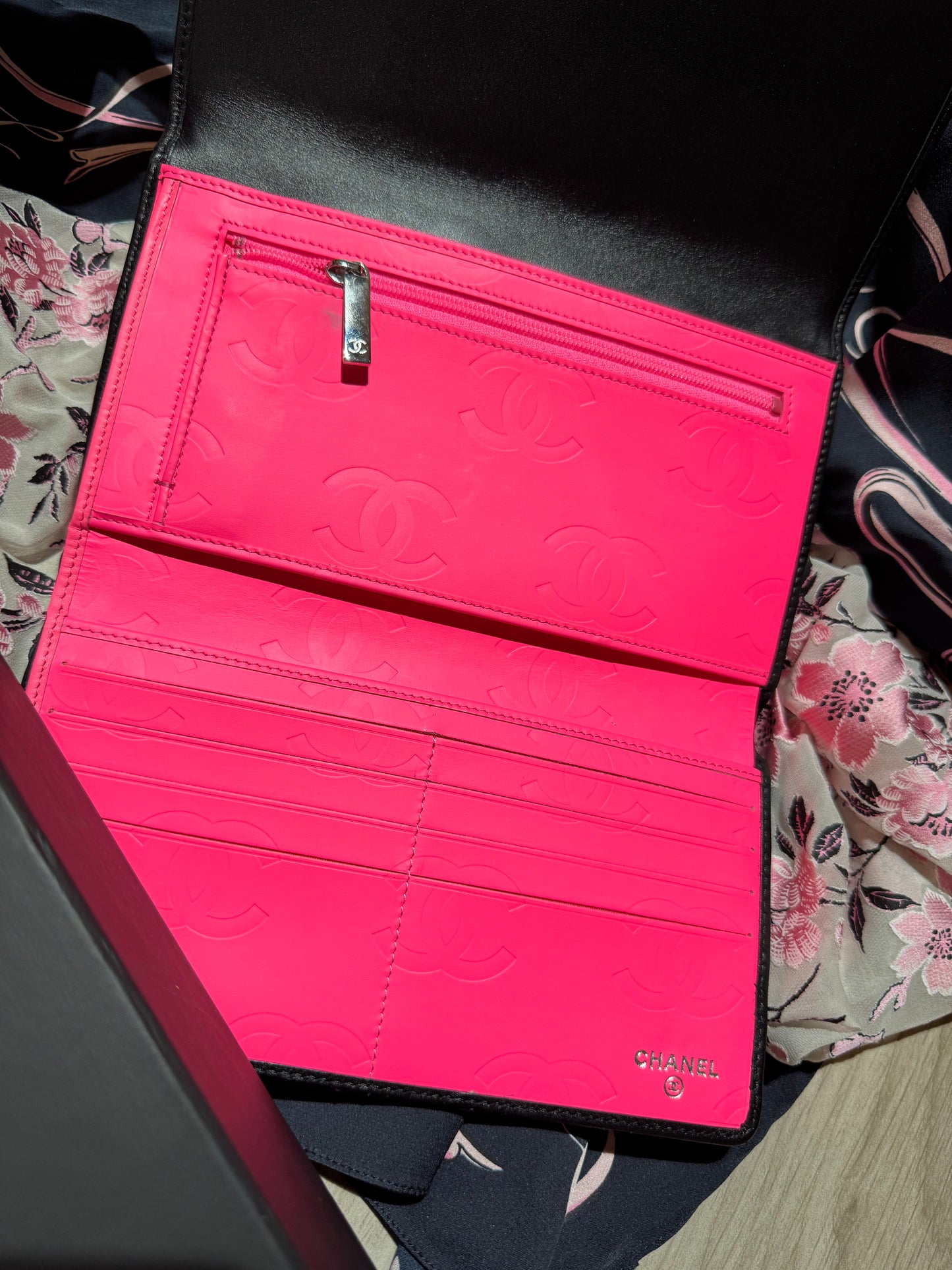 🖤 Authentic Chanel Cambon Line Trifold Long Wallet – Black with Hot Pink Interior