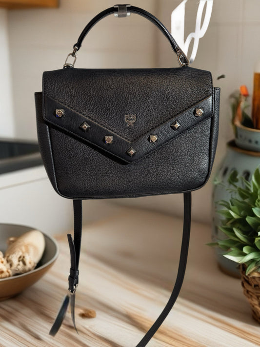 🖤 MCM Black Pebbled Leather Studded Top Handle Bag