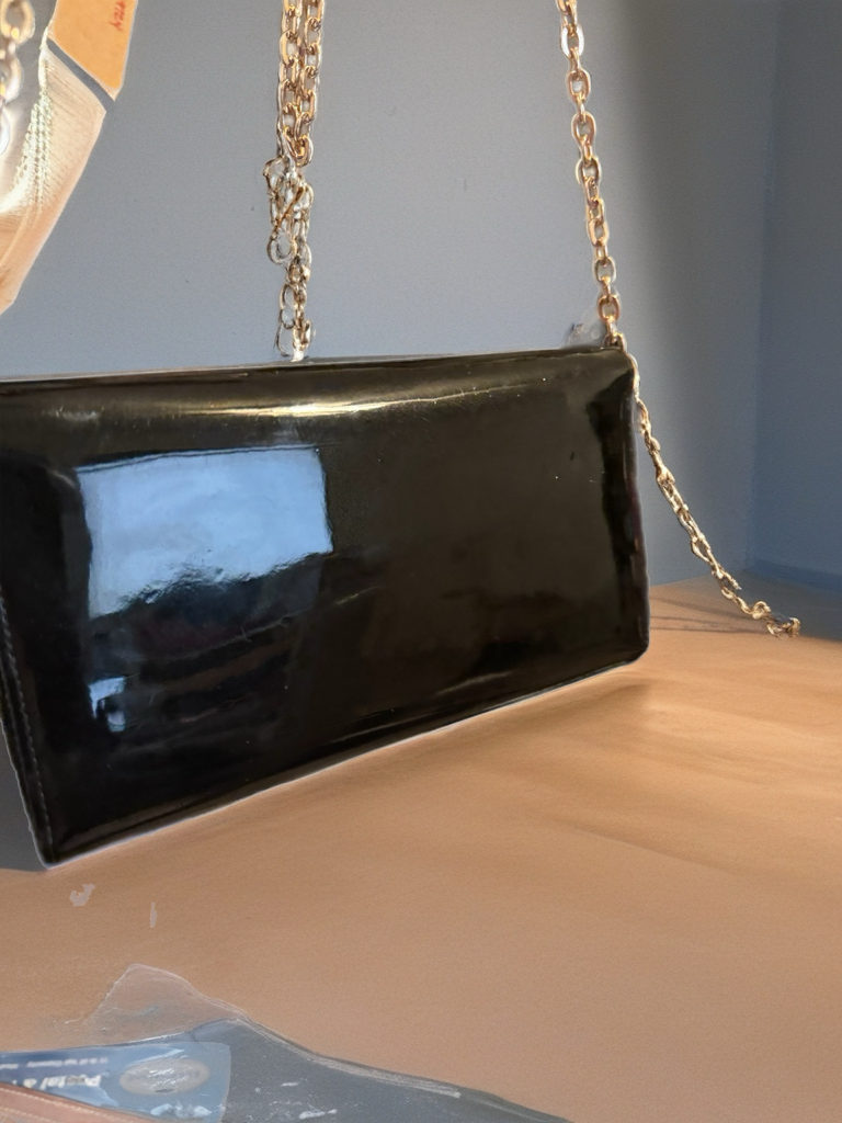 🖤 Louis Vuitton Black Patent Leather Chain Wallet – Gold LV Logo