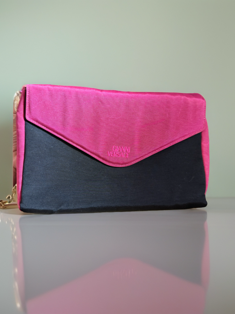 Vintage Gianni Versace Black & Pink Satin Envelope Clutch